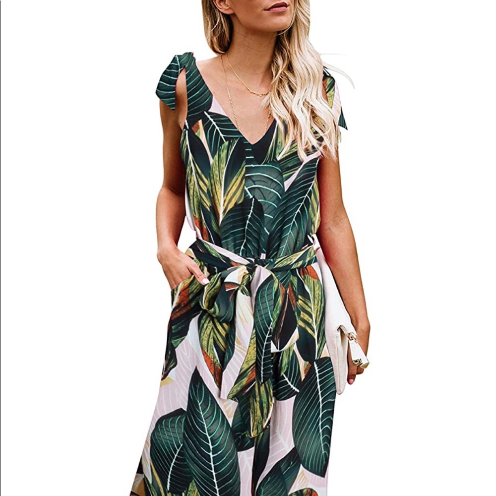 Sleeveless V-Neck Wide Leg Long Jumpsuit with Belt - XL